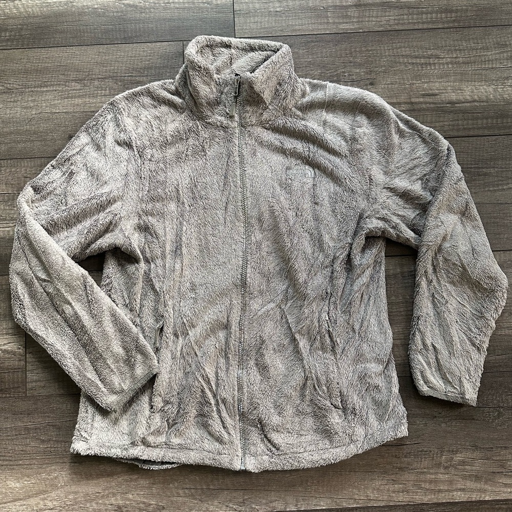 Fuzzy North Face Osito Zip Up Jacket Women’s Size Large Grey Silver Fluffy Coat